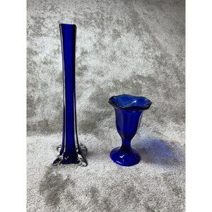 LOT of 2 Cobalt Blue Glass Vase‎ 12" and Cobalt Blue Sundae Glass 6" Collectible